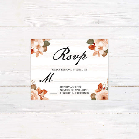 RSVP card with matching rust and beige florals, serif and script font on ivory background.