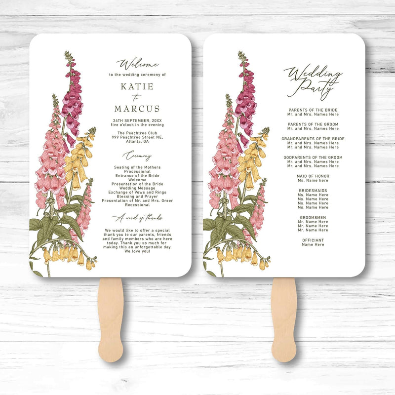 Elegant floral wedding program fan with botanical illustrations, wooden handle, and double-sided layout for ceremony and wedding party information
