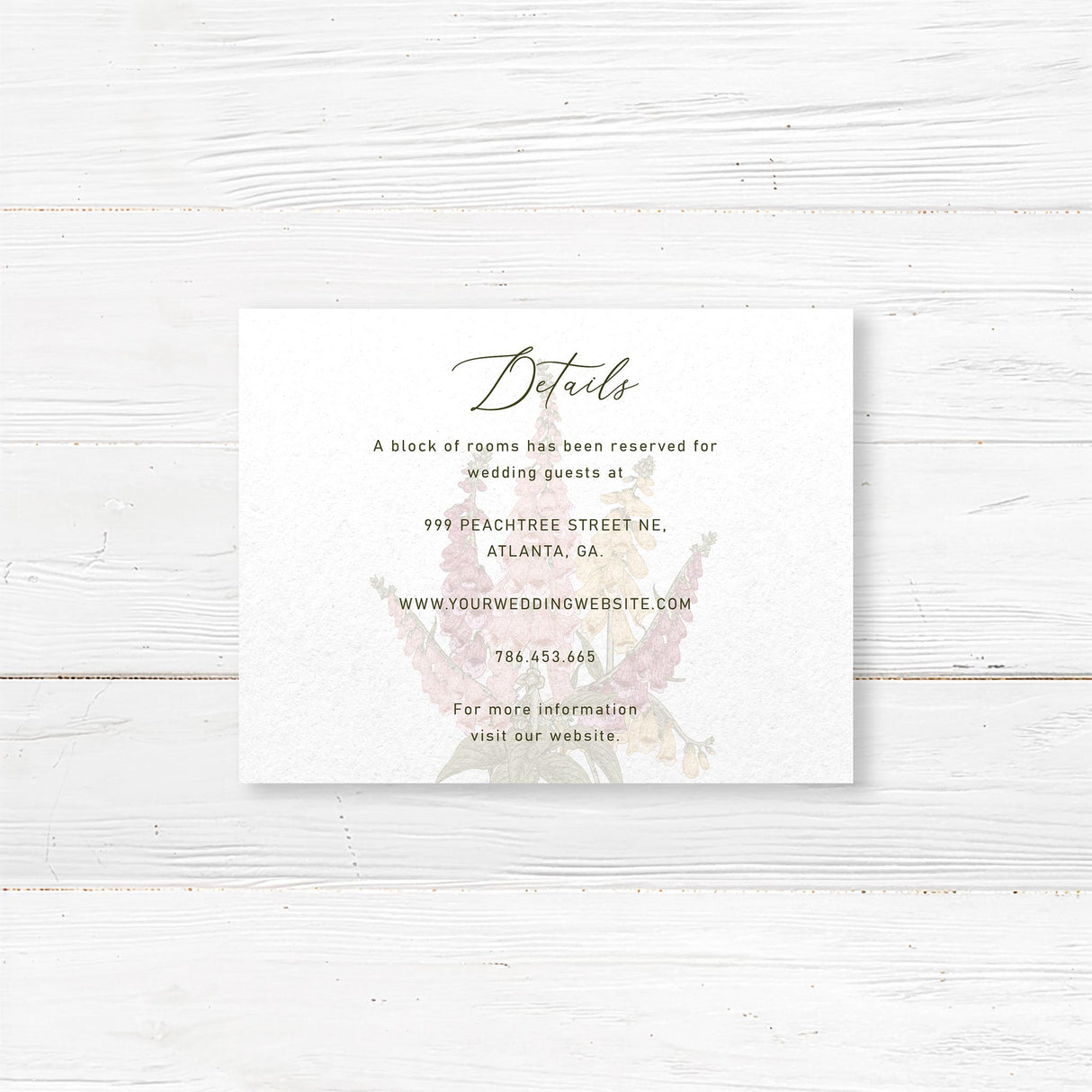 Wedding detail card with watercolor foxglove florals in blush, burgundy, and golden tones. Includes room for itinerary or accommodations. Vintage wedding style.