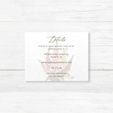 Wedding detail card with watercolor foxglove florals in blush, burgundy, and golden tones. Includes room for itinerary or accommodations. Vintage wedding style.