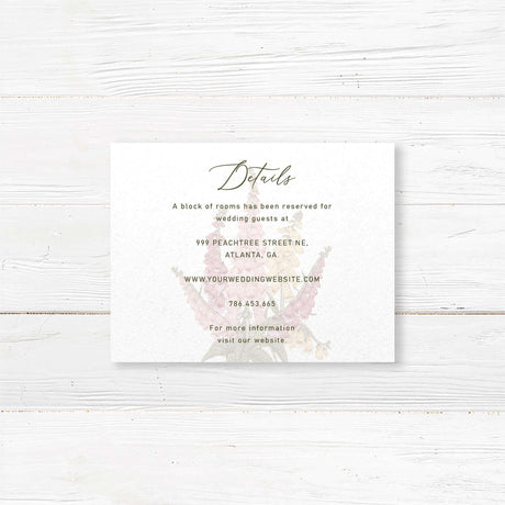 Wedding detail card with watercolor foxglove florals in blush, burgundy, and golden tones. Includes room for itinerary or accommodations. Vintage wedding style.