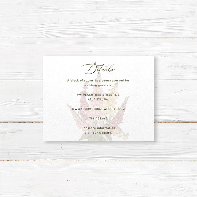 Wedding detail card with watercolor foxglove florals in blush, burgundy, and golden tones. Includes room for itinerary or accommodations. Vintage wedding style.