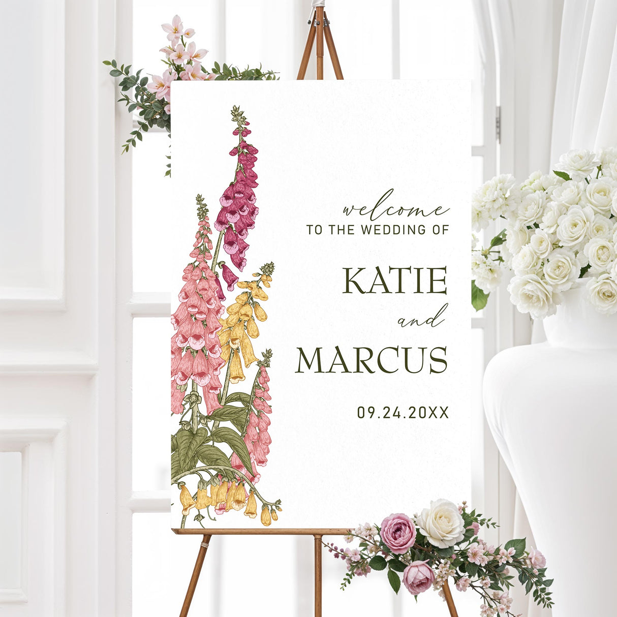 Wedding welcome sign with watercolor foxglove flowers in pink, gold, and burgundy. Custom text in elegant fonts. Printed on poster board for weddings.