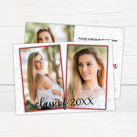 A customizable graduation invitation featuring a light grey paisley background. The front design has a personalized photo on the left and graduation details on the right in an elegant font. The back includes two additional photos with a color block design and "Class of 2025" across the bottom. The invitation color is customizable to match the school or event theme. Back Red.