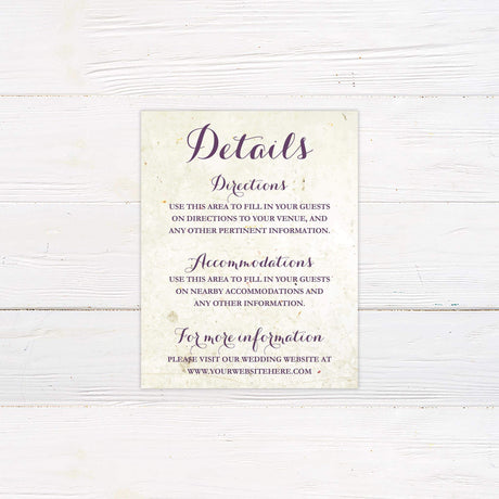 Rustic details card with aged paper background and elegant purple script fonts. 