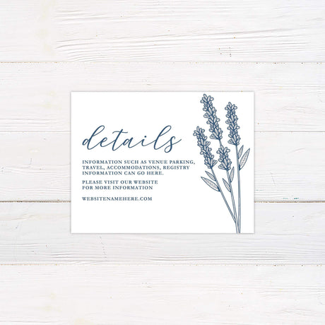 Minimal details card with lavender flower line drawing and clean modern fonts. 
