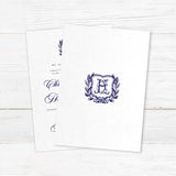 Formal wedding invitation with a vintage-style shield and laurel wreath monogram. Features elegant script for the names and classic serif text for wedding details.- back