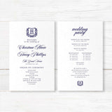 Navy and white wedding program with monogram wreath design and ceremony order, perfect for formal weddings