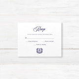 RSVP card with navy script and monogram crest design on white textured paper, for elegant traditional wedding stationery