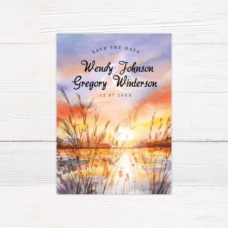 Watercolor Lake Sunset Save The Date - goprintplus