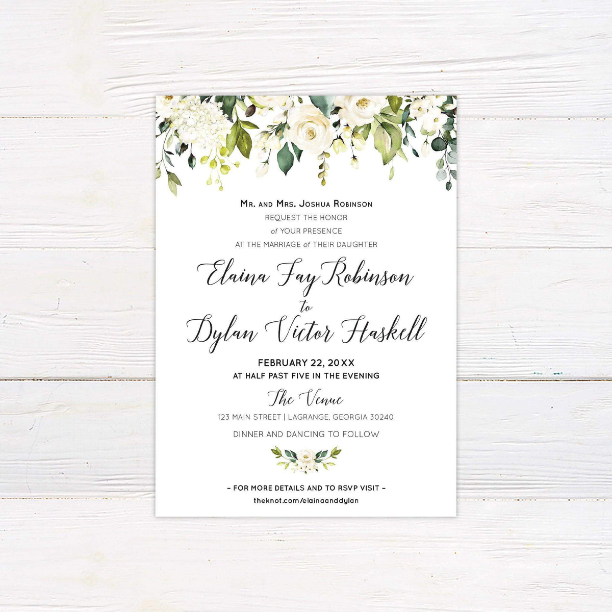 Classic White Roses Wedding Invitation - Elegant Printed Floral Design ...