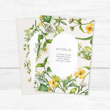 Bridal shower invitation featuring a delicate floral arch design with elegant typography. Customizable with the bride’s name and event details, perfect for garden or tea party-themed showers. Back