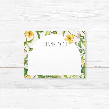 Bridal shower thank you card featuring a delicate wildflower arch design. Elegant script with space for a handwritten note or pre-printed message, perfect for expressing gratitude after a garden or tea party-themed shower.