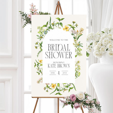 Bridal shower welcome sign featuring a delicate wildflower arch and elegant typography. Customizable with the bride’s name and event date, perfect for a garden or nature-themed bridal shower.