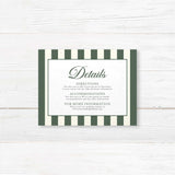 Detail card for winter wedding with elegant serif text, vertical dark green and ivory stripes, white panel layout, and floral crest matching Winter Crest stationery suite.