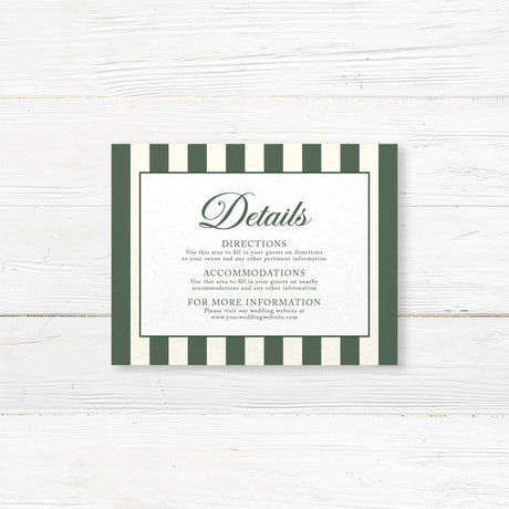 Detail card for winter wedding with elegant serif text, vertical dark green and ivory stripes, white panel layout, and floral crest matching Winter Crest stationery suite.