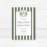 Winter wedding invitation featuring dark green and ivory vertical stripes, a white panel, floral monogram crest with greenery and roses, and elegant script and serif fonts for a formal winter wedding.