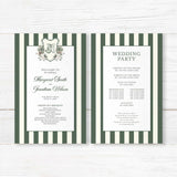 Winter wedding ceremony program with vertical dark green and ivory stripes, a centered white panel, floral crest, and formal serif and script fonts for an elegant event.