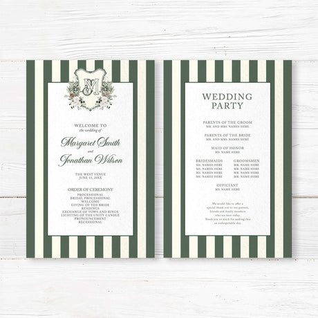 Winter wedding ceremony program with vertical dark green and ivory stripes, a centered white panel, floral crest, and formal serif and script fonts for an elegant event.
