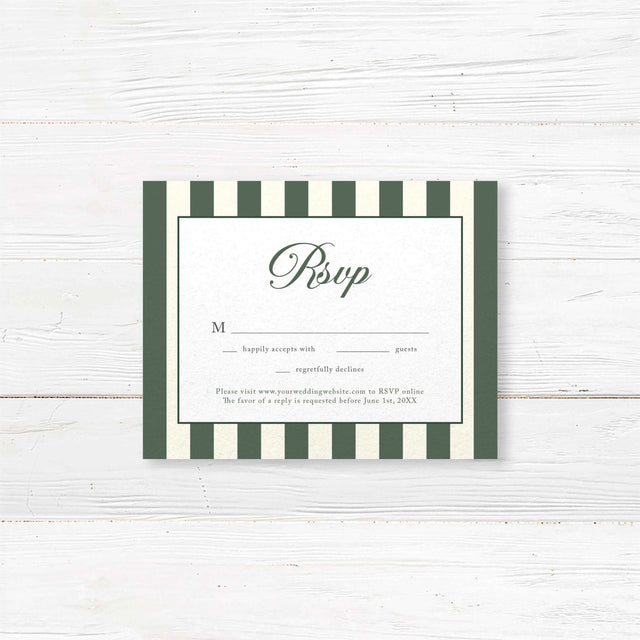 Wedding RSVP card with dark green and ivory stripes, elegant serif font, and floral crest design to match Winter Crest wedding suite for a formal seasonal celebration.