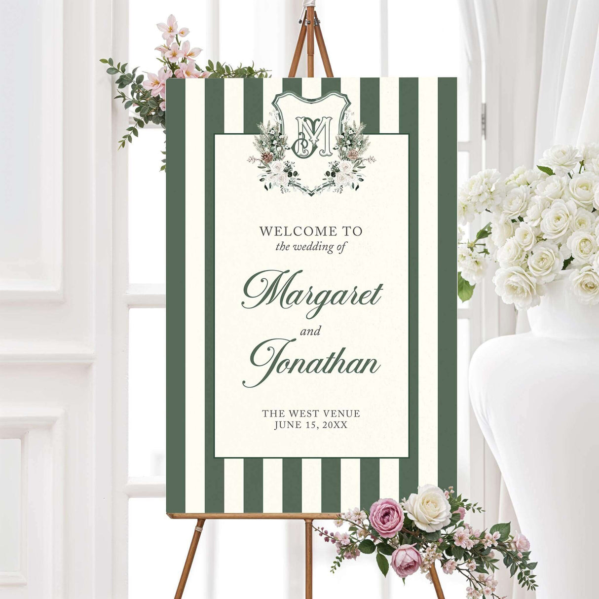 Green and ivory striped winter wedding welcome sign with floral crest. Printed design that perfectly matches the Winter Crest wedding suite.