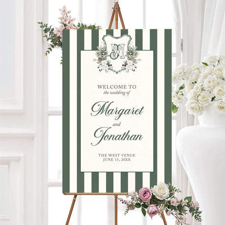 Green and ivory striped winter wedding welcome sign with floral crest. Printed design that perfectly matches the Winter Crest wedding suite.