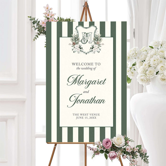 Green and ivory striped winter wedding welcome sign with floral crest. Printed design that perfectly matches the Winter Crest wedding suite.