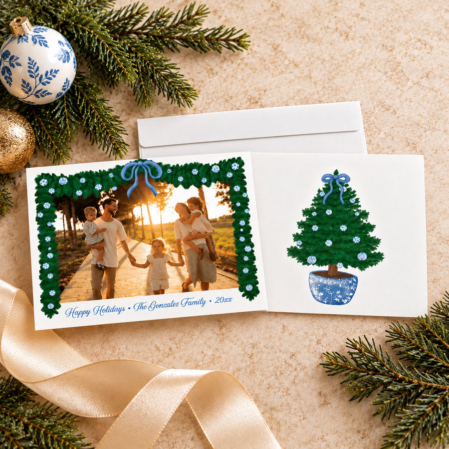 Blue Christmas Garland Photo Holiday Card
