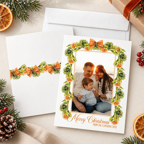 Personalized Christmas citrus garland family photo card featuring watercolor evergreen garlands, orange slices, and decorative orange bows surrounding a customizable family photograph. The coordinating back features a horizontal citrus greenery garland on a white background.