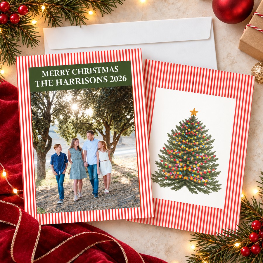 Vintage Striped Christmas Tree Personalized Photo Card