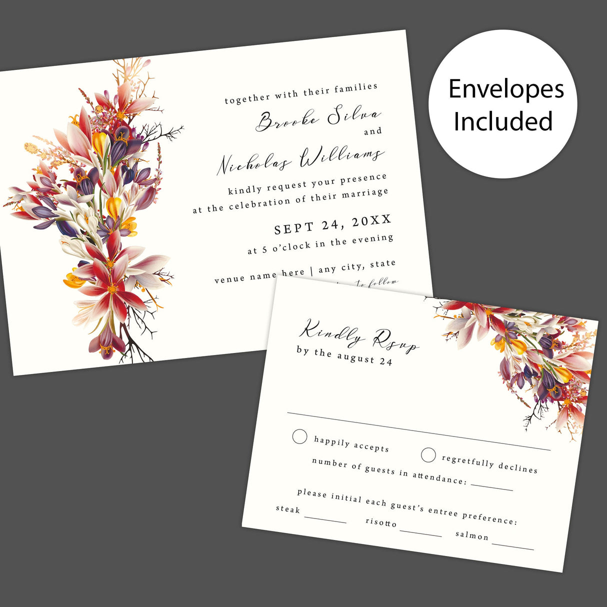 Vivid Harvest Wedding Invitation, Formal Wedding Invitation, Floral Invitation, Autumn Invitation, Printed Wedding Invitations, Fall Wedding