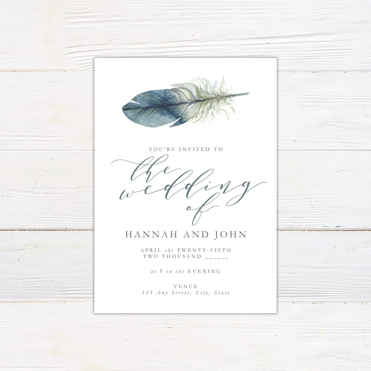 Lone Feather Wedding Invitation, Formal Wedding Invitation, Bohemian Invitation, Rustic Invitation, Printed Wedding Invitations