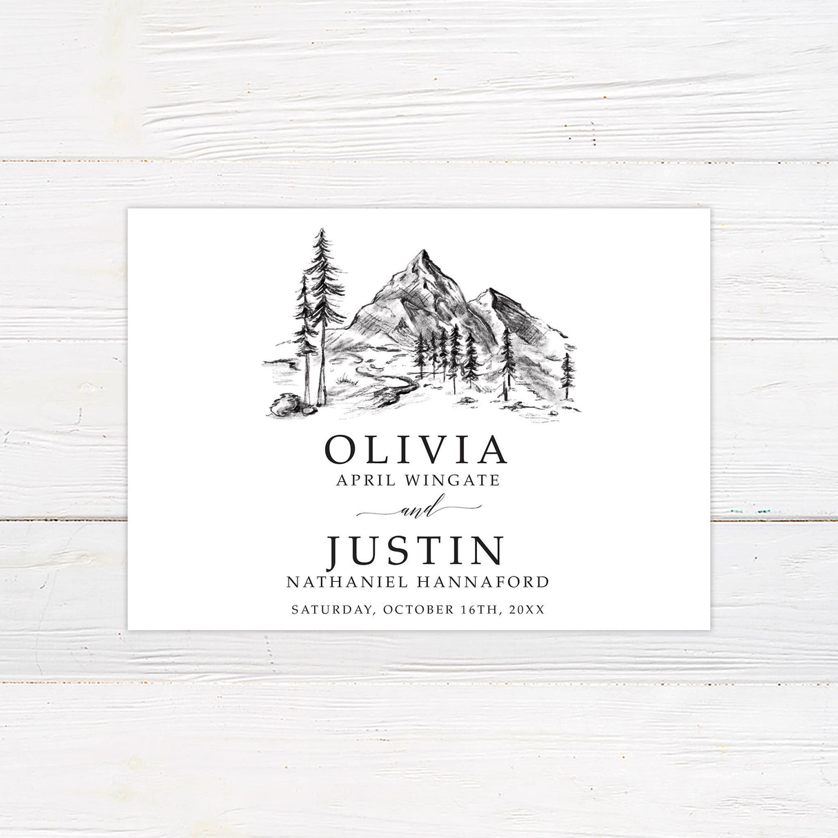 Sketched Mountainside Wedding Invitation, Formal Wedding Invitation, Scenic Invitation, Nature Invitation, Printed Wedding Invitations