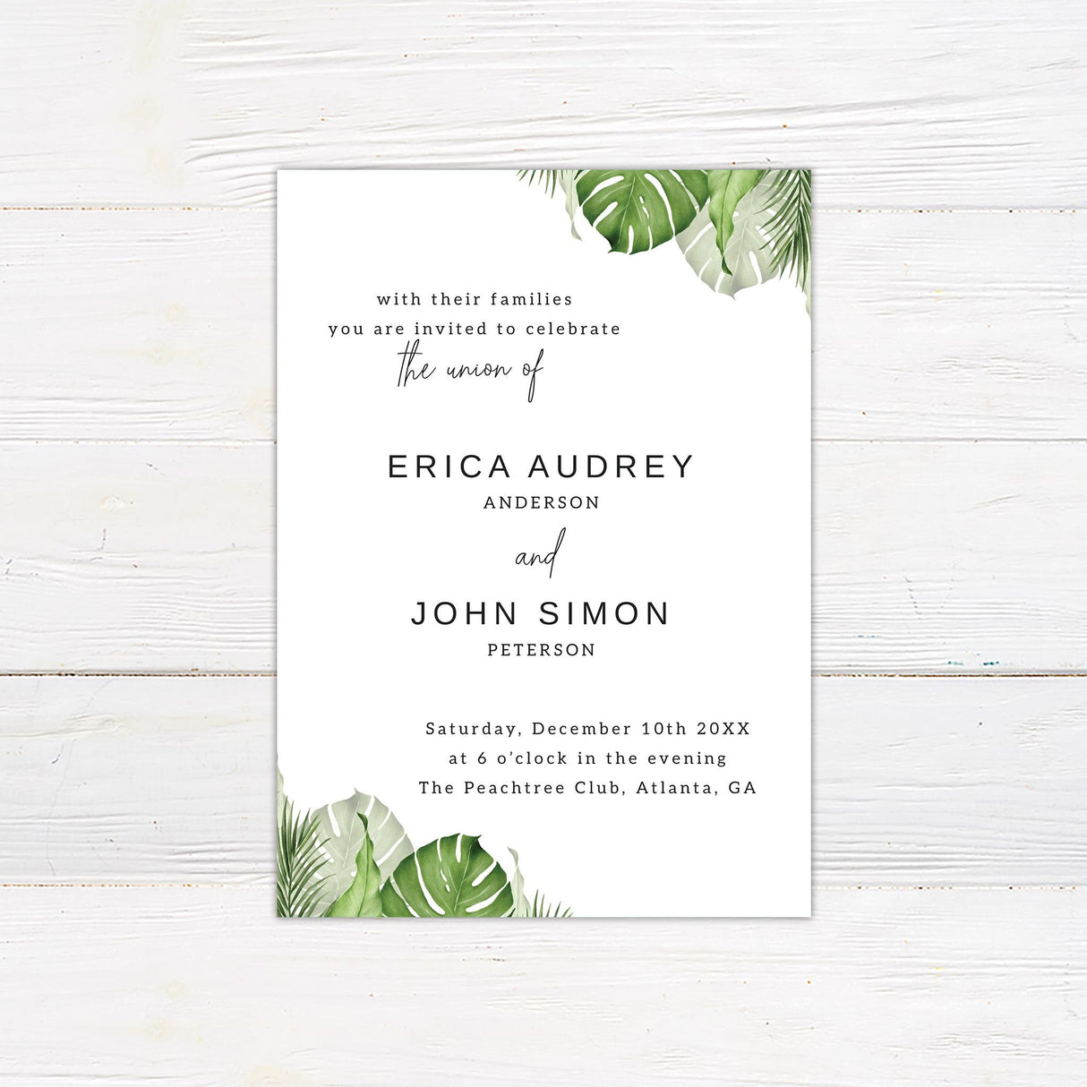 Palm Leaves Wedding Invitation, Formal Wedding Invitation, Floral Invitation, Botanical Invitation, Printed Wedding Invitations