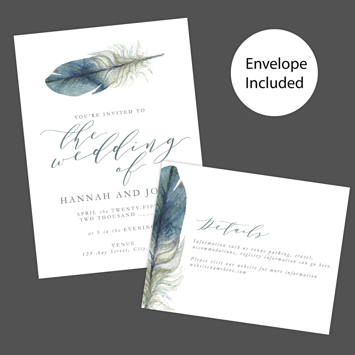 Lone Feather Wedding Invitation, Formal Wedding Invitation, Bohemian Invitation, Rustic Invitation, Printed Wedding Invitations