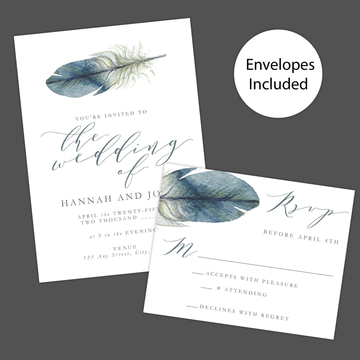 Lone Feather Wedding Invitation, Formal Wedding Invitation, Bohemian Invitation, Rustic Invitation, Printed Wedding Invitations