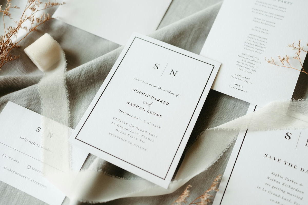 A wedding stationery suite arranged on fabric