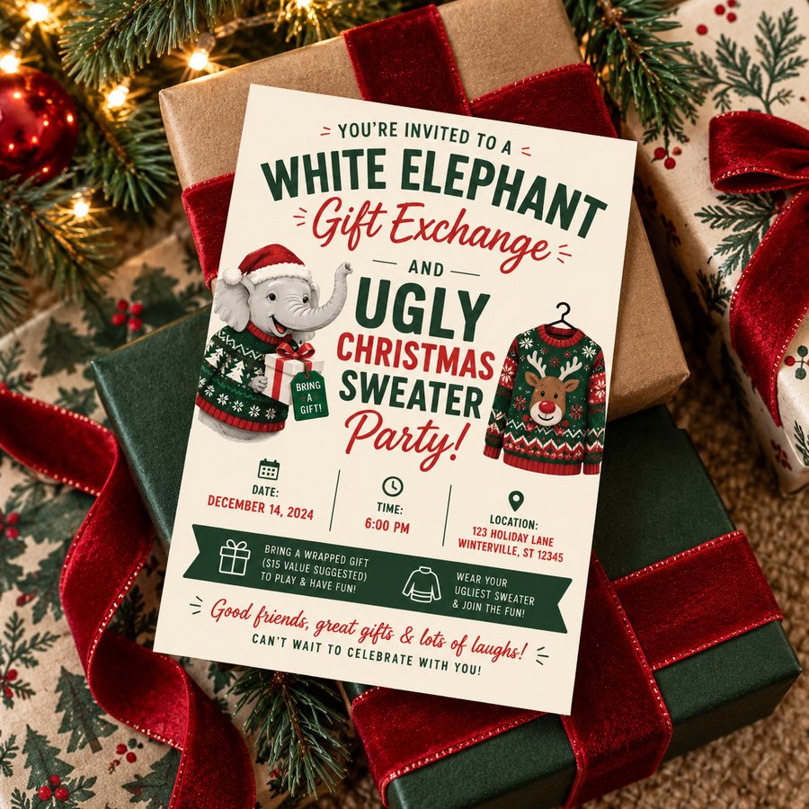 White Elephant Ugly Sweater Party Invitation